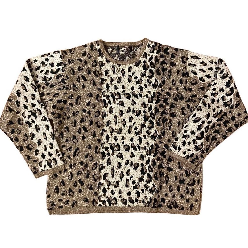 Vintage Crewneck Leopard Print Sweater Beaded Metallic Gold Cream Black Medium